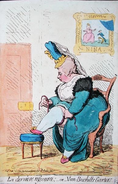 Zasób La Derniere lub Van Buchells Garters, opublikowany przez Hannah Humphrey w 1791 r. (akwaforta ręcznie kolorowana) autorstwa James Gillray