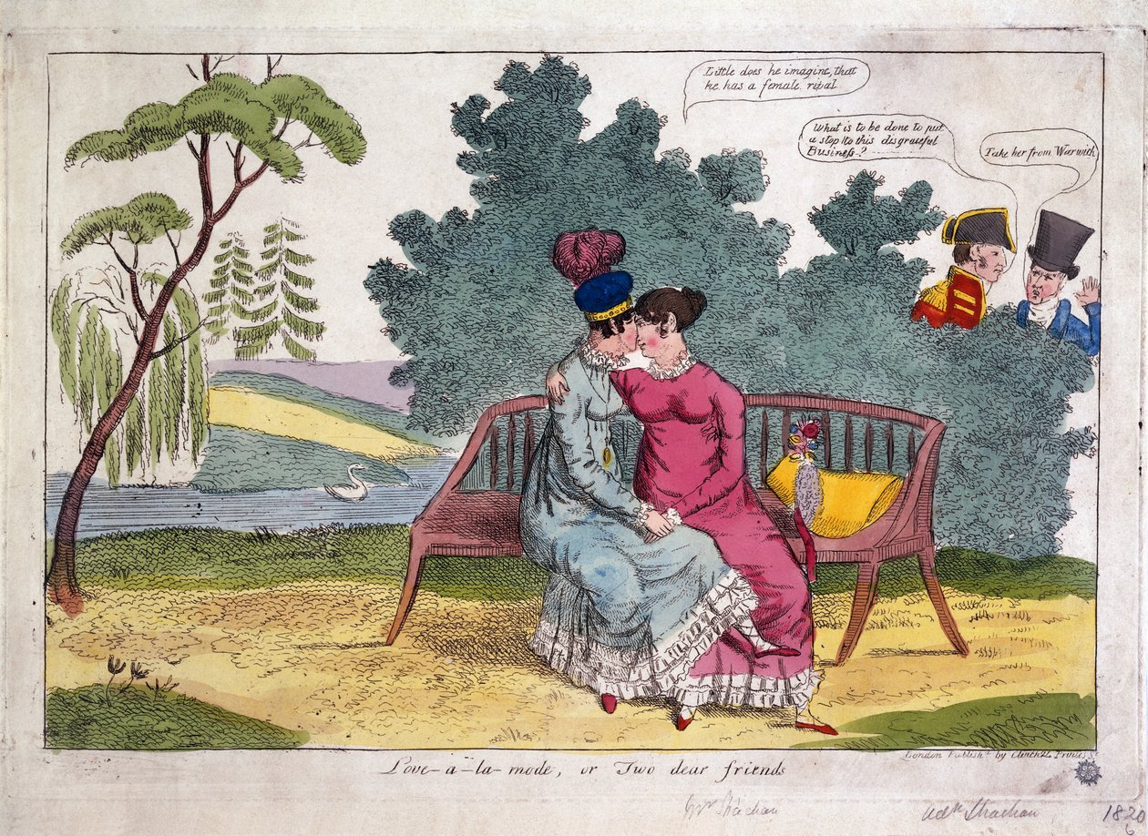 Lady Strachan i Lady Warwick kochają się w parku, podczas gdy ich mężowie przyglądają się temu z dezaprobatą. autorstwa James Gillray