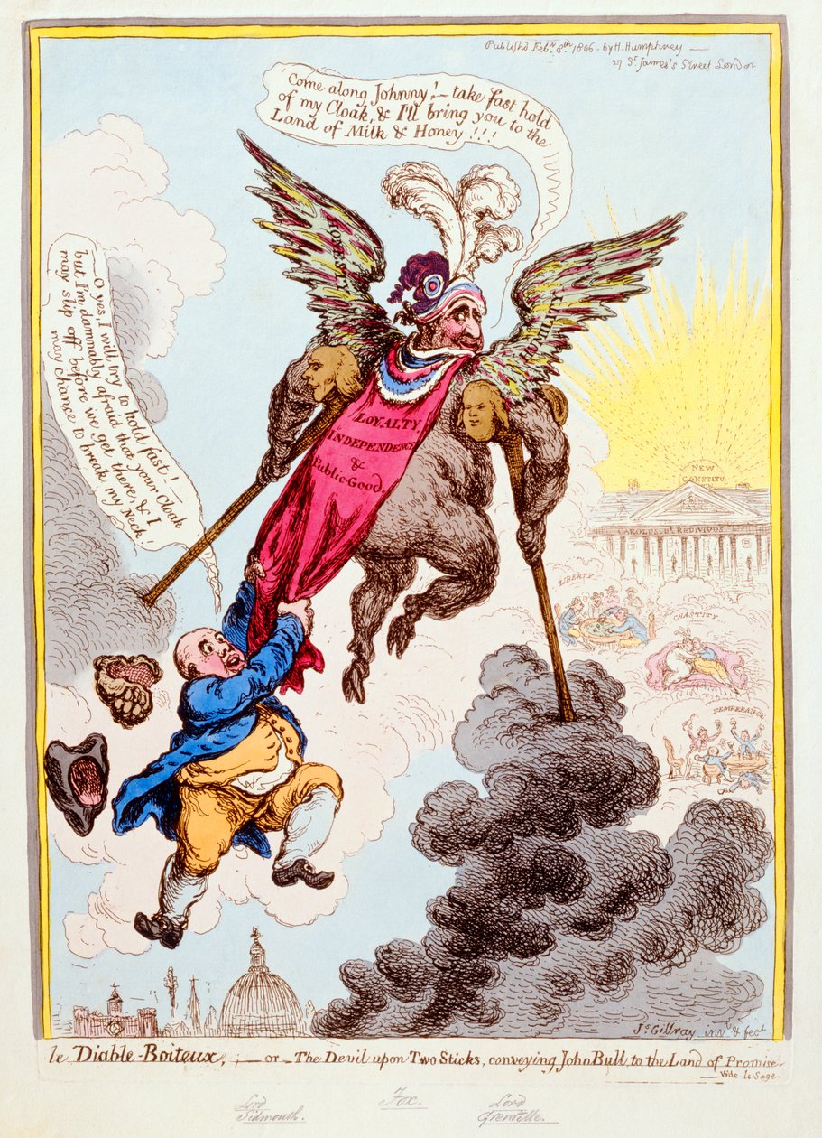 Le Diable-Boiteux, czyli diabeł na dwóch patykach transportujący Johna Bulla do ziemi obiecanej, wyd. Hannah Humphrey w 1806 r. (akwaforta ręcznie kolorowana) autorstwa James Gillray
