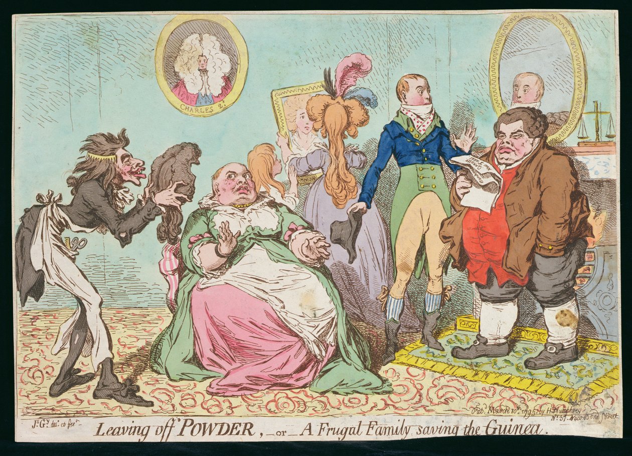 Leaving off Powder, czyli oszczędna rodzina ratująca Gwineę, opublikowana przez Hannah Humphrey w 1795 r. (akwaforta ręcznie kolorowana) autorstwa James Gillray