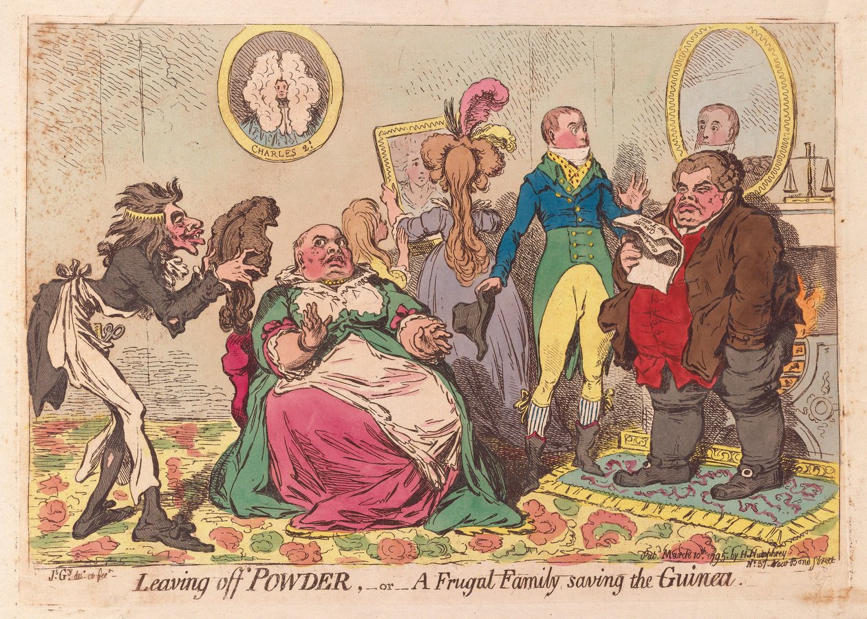 Opuszczanie proszku, czyli oszczędna rodzina ratująca Gwineę, pub.1795 (ręcznie kolorowany grawerunek) autorstwa James Gillray