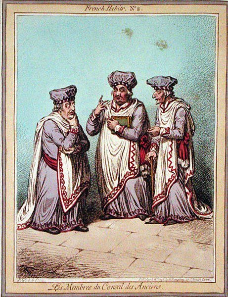 Les Membres du Conseil des Anciens, tablica 2 z „French Habits”, wydana przez Hannah Humphrey w 1798 (kolorowa akwaforta) autorstwa James Gillray