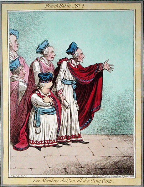 Les Membres du Conseil des Cinq Cents, płyta 3 „French Habits”, wydana przez Hannah Humphrey w 1798 (kolorowa akwaforta) autorstwa James Gillray