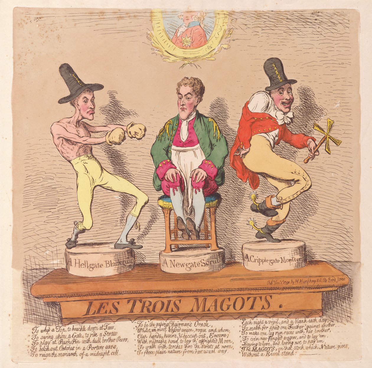 Les Trois Magots, wyd. 1791 (grawerowanie ręcznie kolorowane) autorstwa James Gillray