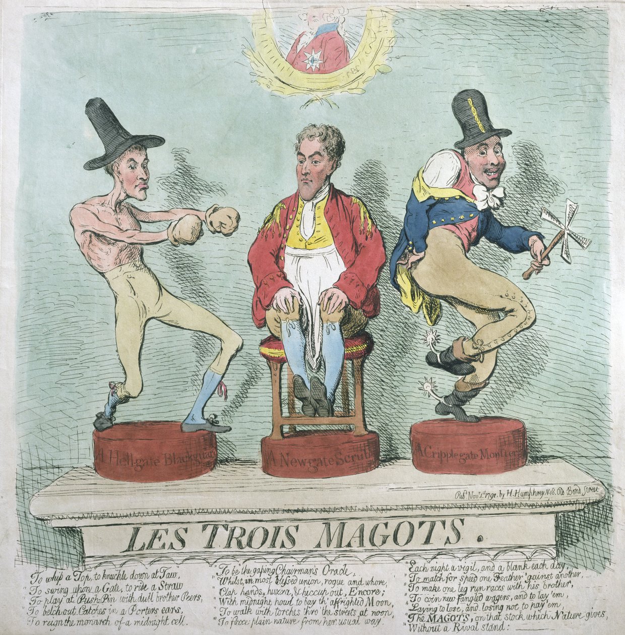 Les Trois Magots, wydana przez Hannah Humphrey w 1791 r. (akwaforta ręcznie kolorowana) autorstwa James Gillray