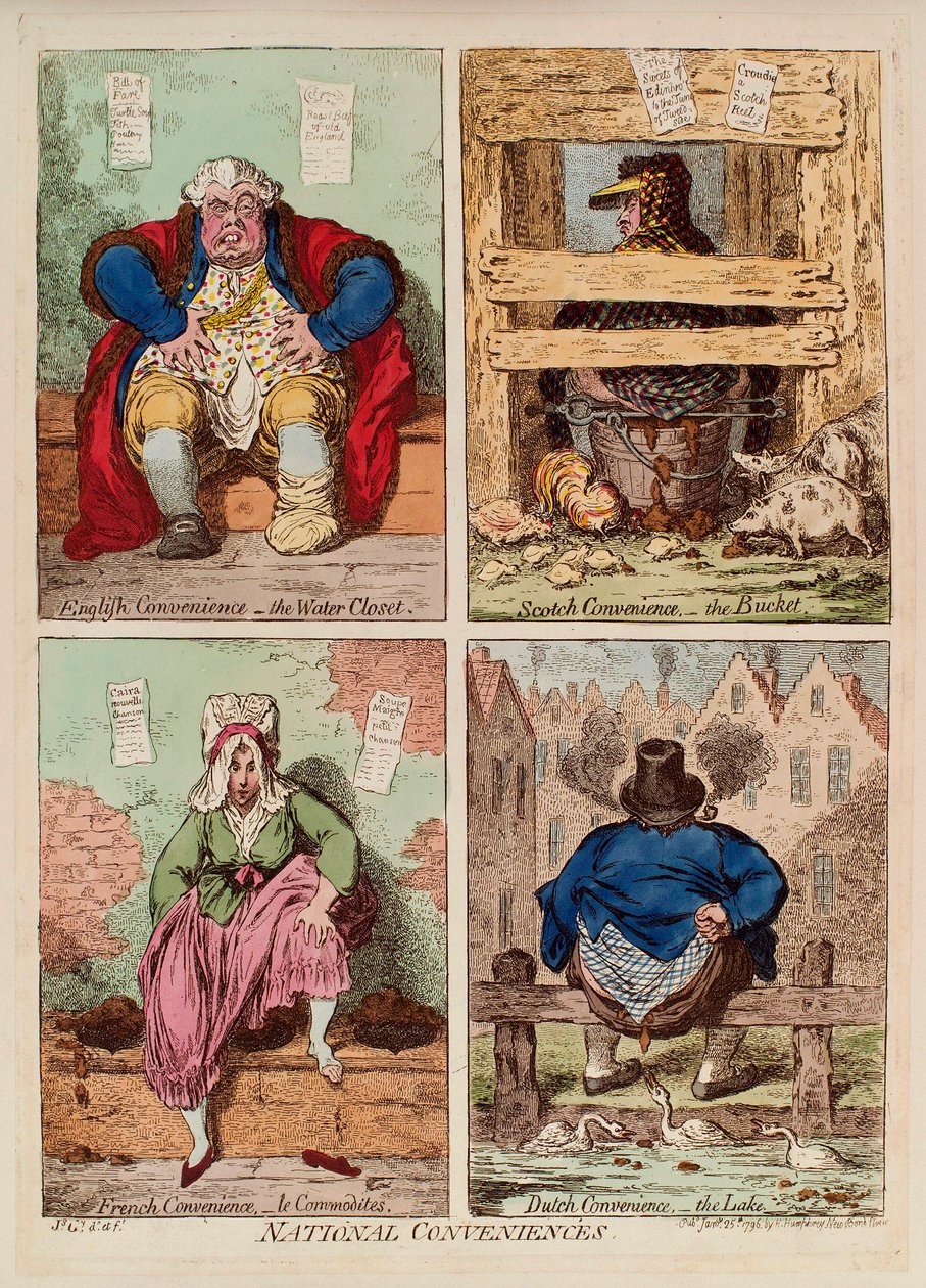 Towary krajowe. (opis i porównanie toalet w Anglii, Szkocji, Francji i Holandii). Dzieło Jamesa Gillraya (1757-1815), rycina i akwarela autorstwa James Gillray