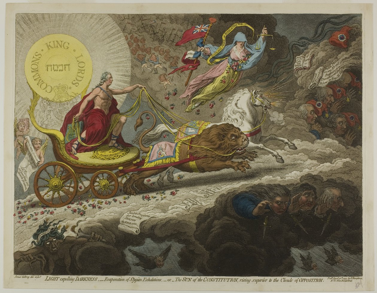 Światło wyrzucające ciemność,-parowanie stygijskich wydechów,-lub-Słońce Konstytucji, wznoszące się ponad chmurami opozycji autorstwa James Gillray
