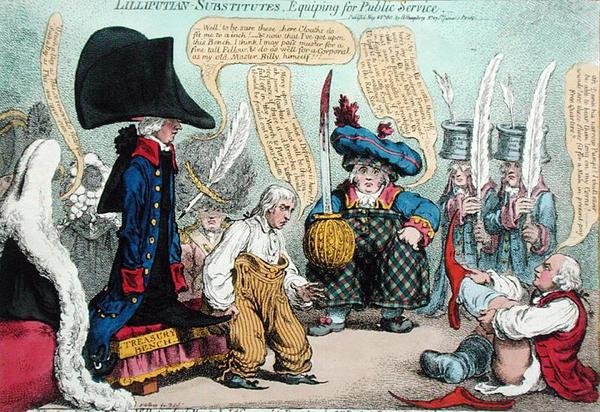 Lilliputian-Substitutes, Equipping for Public Service, wydana przez Hannah Humphrey w 1801 r. (akwaforta ręcznie kolorowana) autorstwa James Gillray