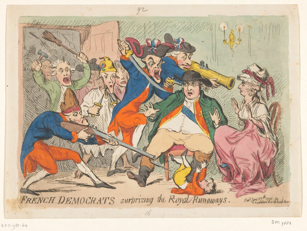 Ludwik XVI i Maria Antonina złapani w locie, 1791 Francuscy demokraci zaskakują Królewskich Uciekinierów autorstwa James Gillray