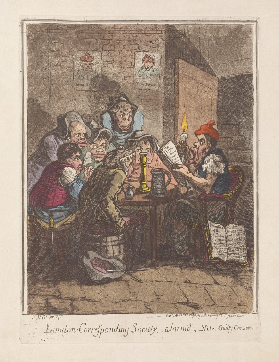 Londyńskie Towarzystwo Korespondencyjne, zaniepokojone, vide. Sumienie winne, wyd. 1796 (grawerowanie ręcznie kolorowane) autorstwa James Gillray