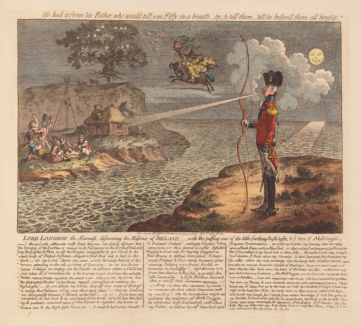 Lord Longbow, alarmista, odkrywający nędzę Irlandii, wyd. 1798 (ręcznie kolorowany grawer) autorstwa James Gillray