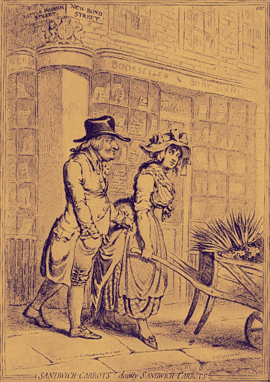 Lord Sandwich zwraca uwagę na sprzedawcę kwiatów autorstwa James Gillray