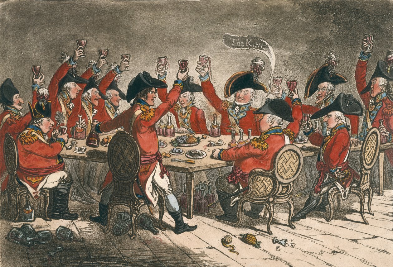 Loyal Souls, or A Peep into the Mess Room at St. James, opublikowane przez Hannah Humphrey w 1797 roku (akwaforta ręcznie kolorowana) autorstwa James Gillray