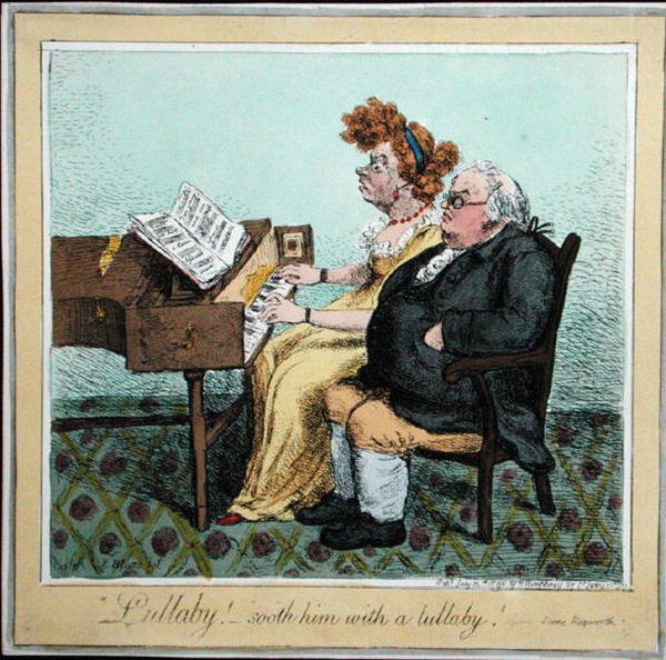 "Kołysanka - uspokój go kołysanką!" wydane przez Hannah Humphrey w 1798 (akwaforta ręcznie kolorowana) autorstwa James Gillray