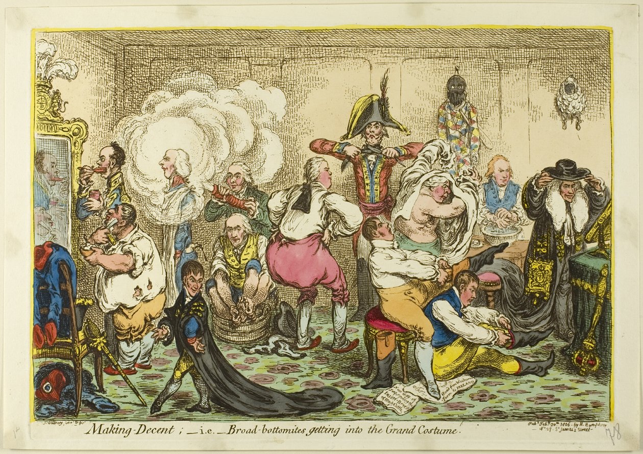 Robienie przyzwoitości, czyli szerokie dno w wielkim kostiumie autorstwa James Gillray