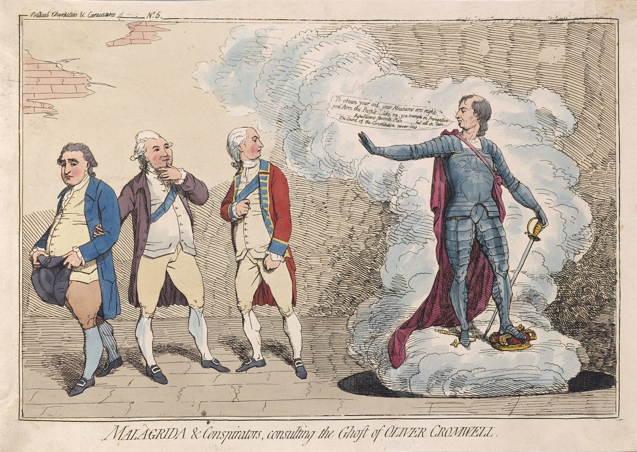 Malagrida & Conspiraators, konsultując się z Duchem Olivera Cromwella, wyd. 1782 (grawerowanie ręcznie kolorowane) autorstwa James Gillray