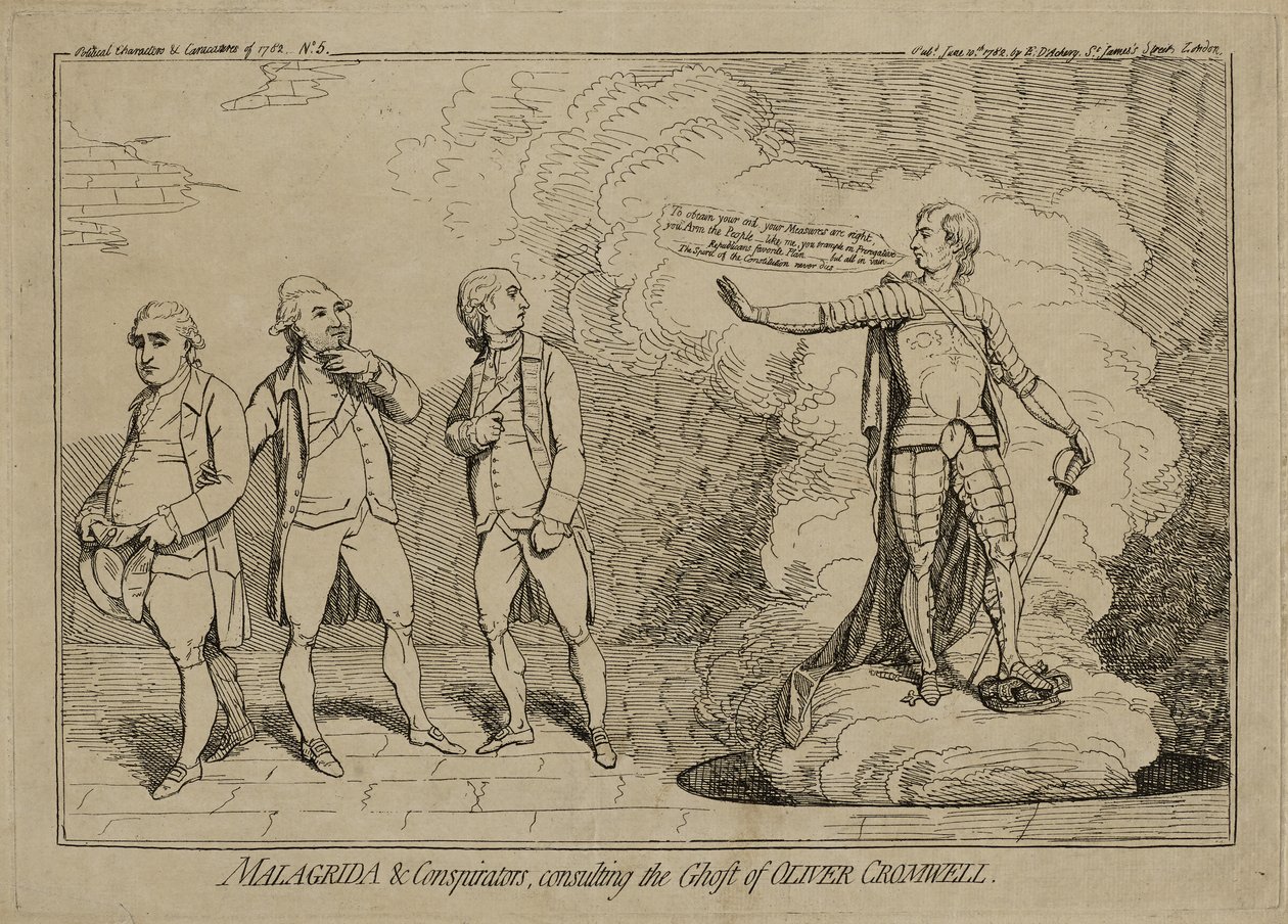 Malagrida and Conspiraators, Consulting the Ghost of Oliver Cromwell, opublikowana 10 czerwca 1782 r. (akwaforta na papierze wykładanym inkrustowanym na papierze tkanym) autorstwa James Gillray