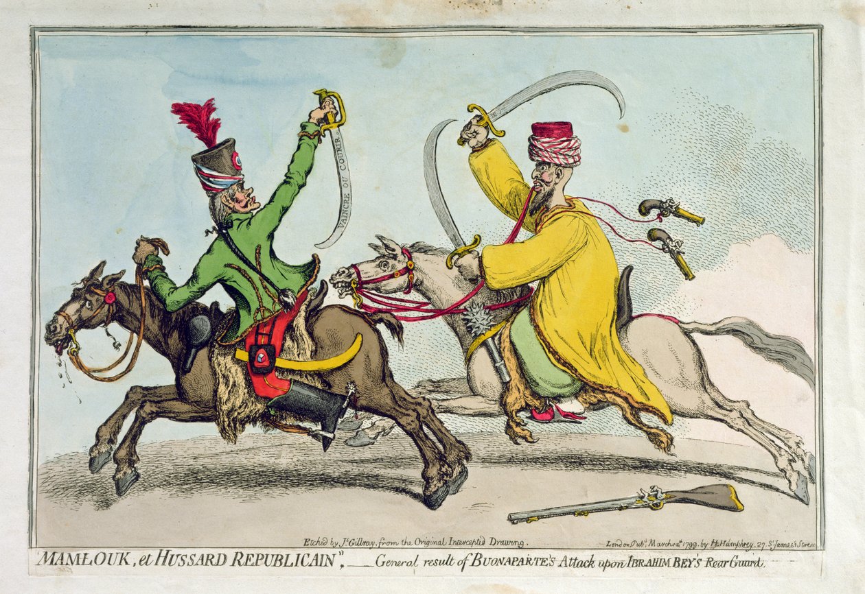 Mamlouk et Hussard Republicain, czyli ogólny rezultat ataku Bonapartego na tylną straż Ibrahima Beya (1735-1817), opublikowany przez Hannah Humphrey w 1799 (akwaforta ręcznie kolorowana) autorstwa James Gillray