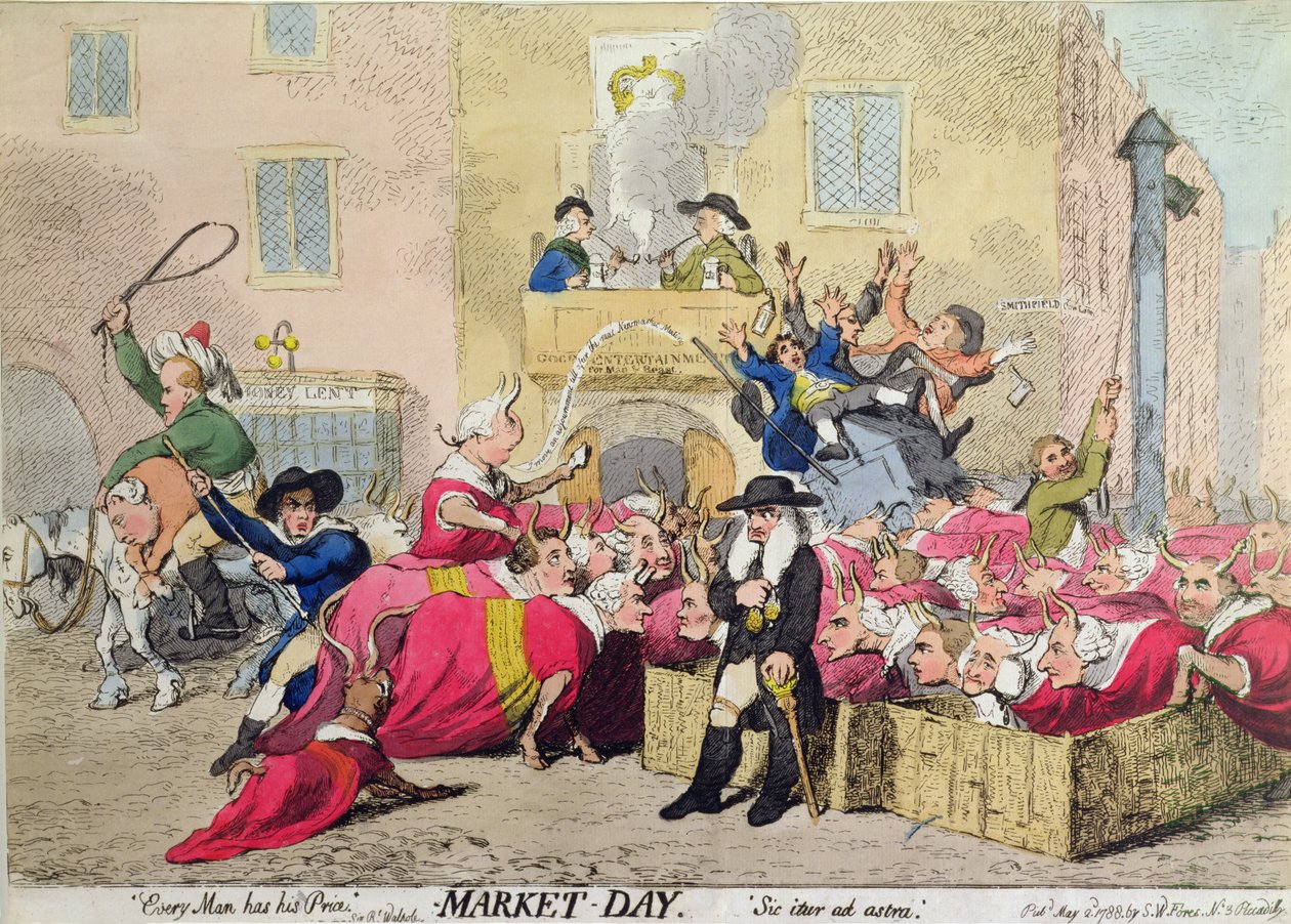 Market Day, wyd. S.W. Fores w 1788 (akwaforta ręcznie kolorowana) autorstwa James Gillray