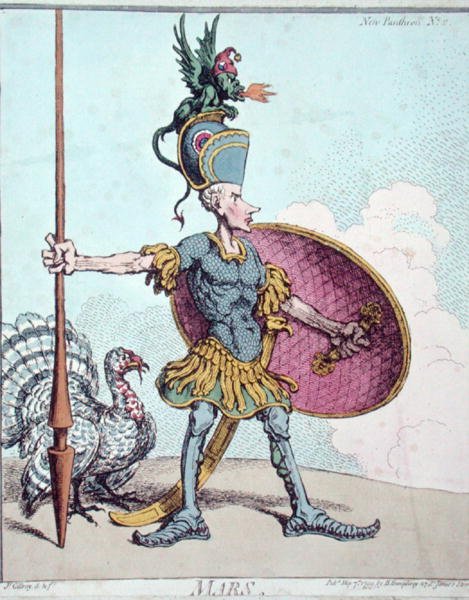 Mars, opublikowana przez Hannah Humphrey w „Nowym Panteonie” 1799 (akwaforta ręcznie kolorowana) autorstwa James Gillray