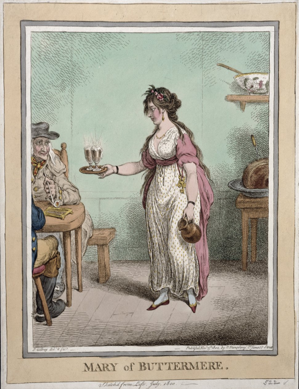 Mary of Buttermere, szkicowany z życia w lipcu 1800 roku, opublikowany przez Hannah Humphrey w 1802 roku (akwaforta ręcznie kolorowana) autorstwa James Gillray