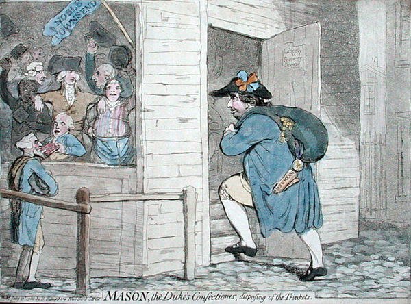 Mason, książęcy cukiernik pozbywający się drobiazgów, opublikowany przez Hannah Humphrey w 1788 r. (akwaforta ręcznie kolorowana) autorstwa James Gillray