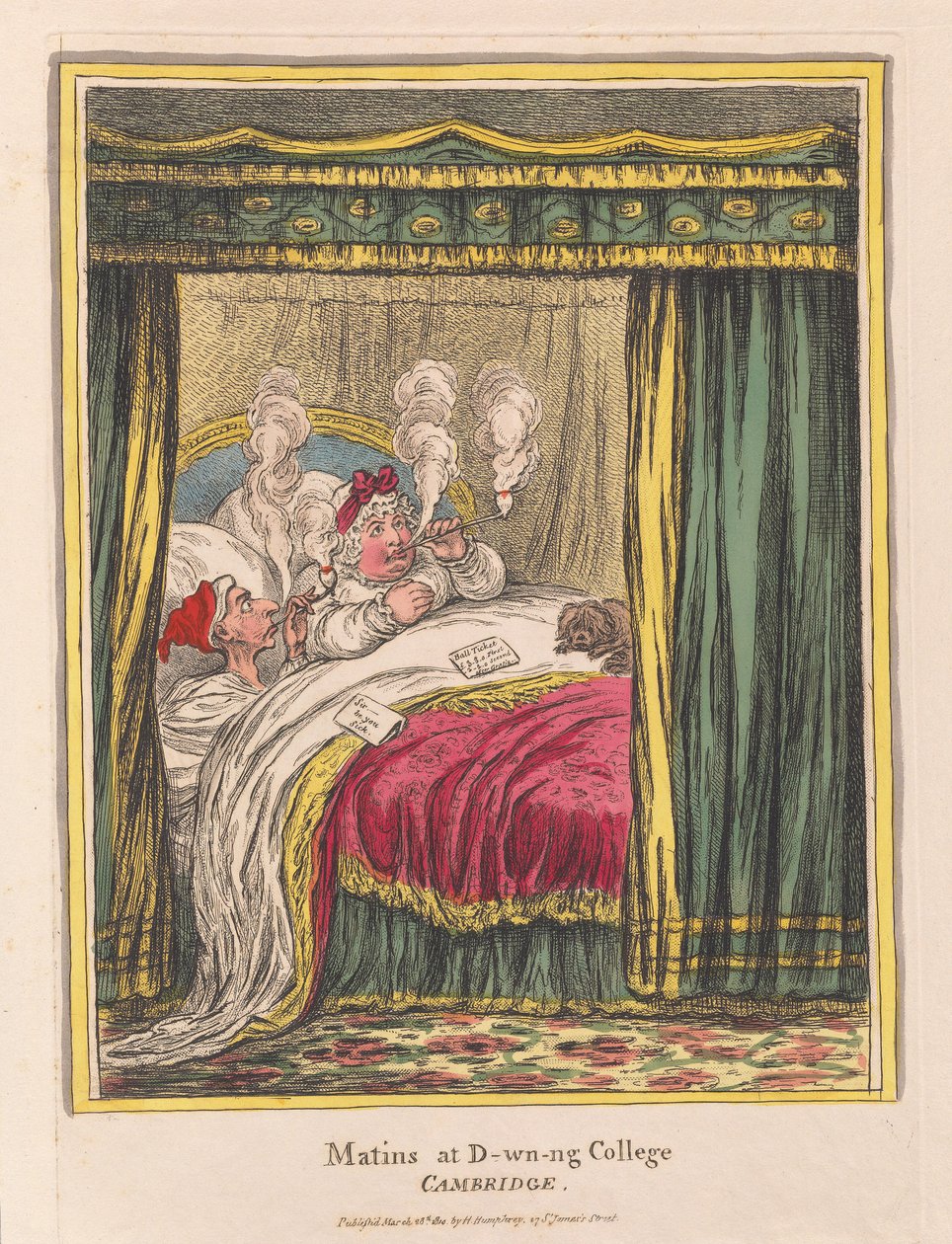 Matins and D-wn-ng College, Cambridge, wyd. 1810 (ręcznie kolorowane grawerowanie) autorstwa James Gillray