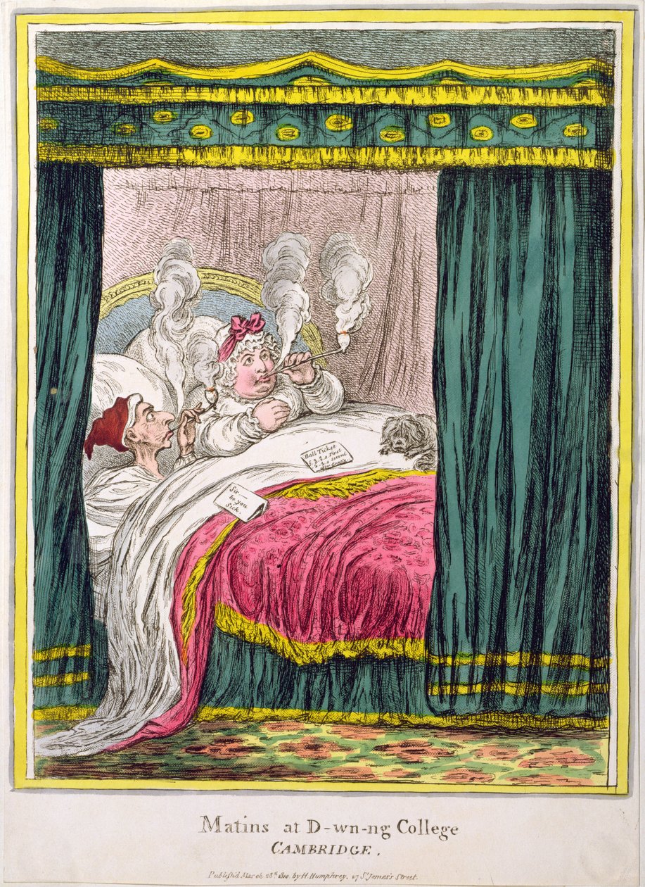 Matins at D-wn-ng College, Cambridge, opublikowane przez Hannah Humphrey w 1810 roku (akwaforta ręcznie kolorowana) autorstwa James Gillray