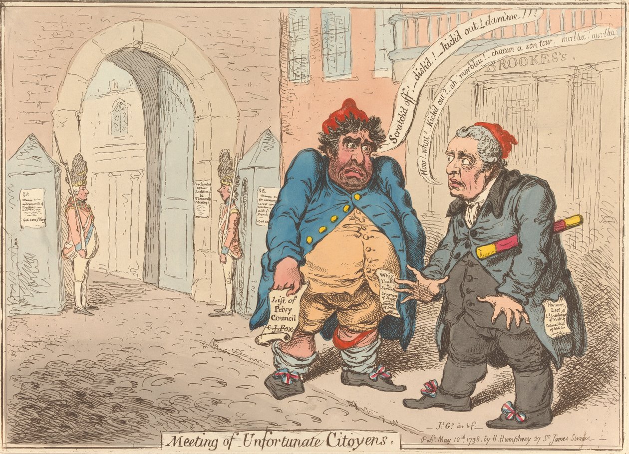 Spotkanie nieszczęśliwych obywateli. „Przerażenie dwóch zhańbionych patriotów” autorstwa James Gillray