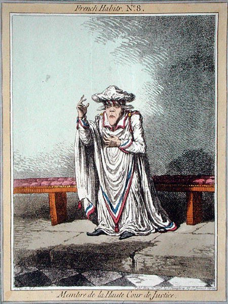 Członek Wysokiego Trybunału Sprawiedliwości, tablica 8 z „French Habits” wydanej przez Hannah Humphrey w 1798 r. (akwaforta kolorowa) autorstwa James Gillray