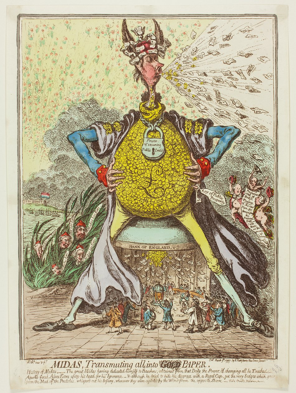 Midas, przekształcający wszystko w papier autorstwa James Gillray