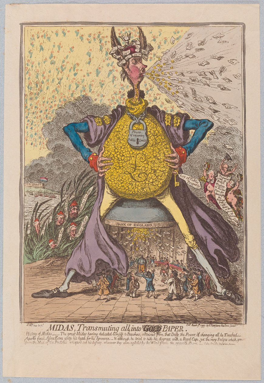 Midas, Przemieniając wszystko w [Złoty] Papier, wyd. 1797 (grawerowanie ręcznie kolorowane) autorstwa James Gillray