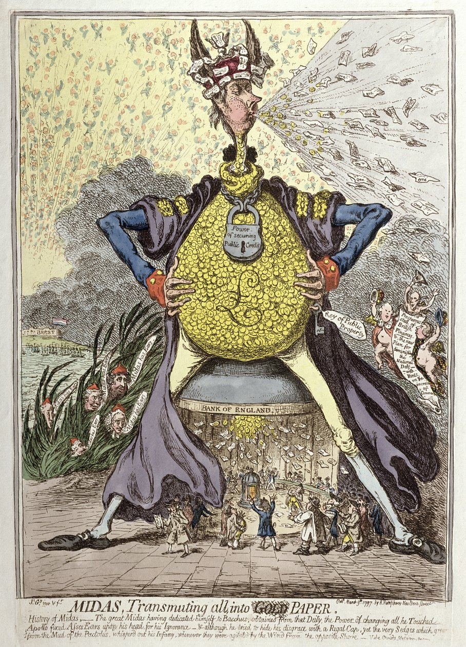 Midas Transmuting all into Gold Paper, opublikowany przez Hannah Humphrey w 1797 r. (akwaforta ręcznie kolorowana) autorstwa James Gillray
