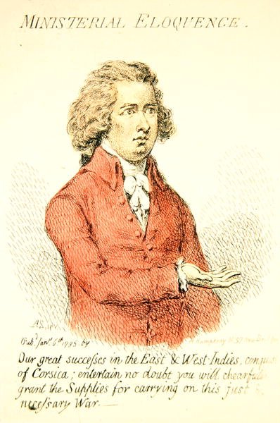 Ministerial Eloquence, wydana przez Hannah Humphrey w 1795 r. (rycina ręcznie kolorowana) (szczegóły z 191281 r.) autorstwa James Gillray