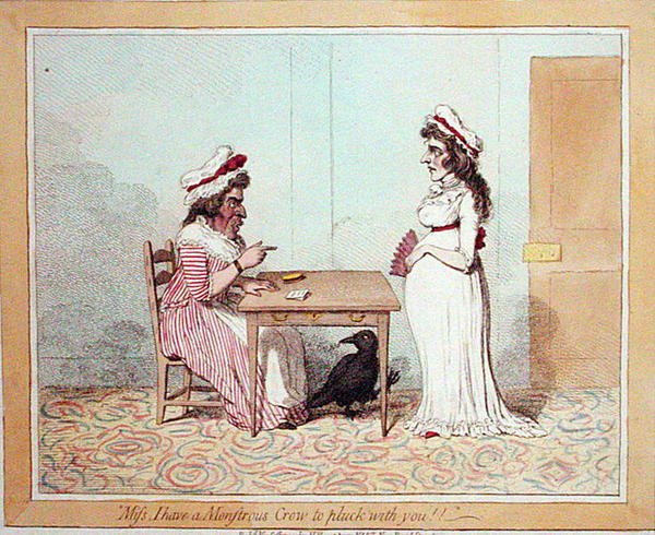 „Panno mam potwornego wrona do zrywania z tobą”, opublikowana przez Hannah Humphrey w 1794 r. (akwaforta ręcznie kolorowana) autorstwa James Gillray