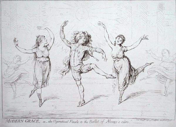 Modern Grace, czyli operowy finał baletu Alonzo e caro, wydany przez Hannah Humphrey w 1796 r. (pióro i atrament na papierze) autorstwa James Gillray