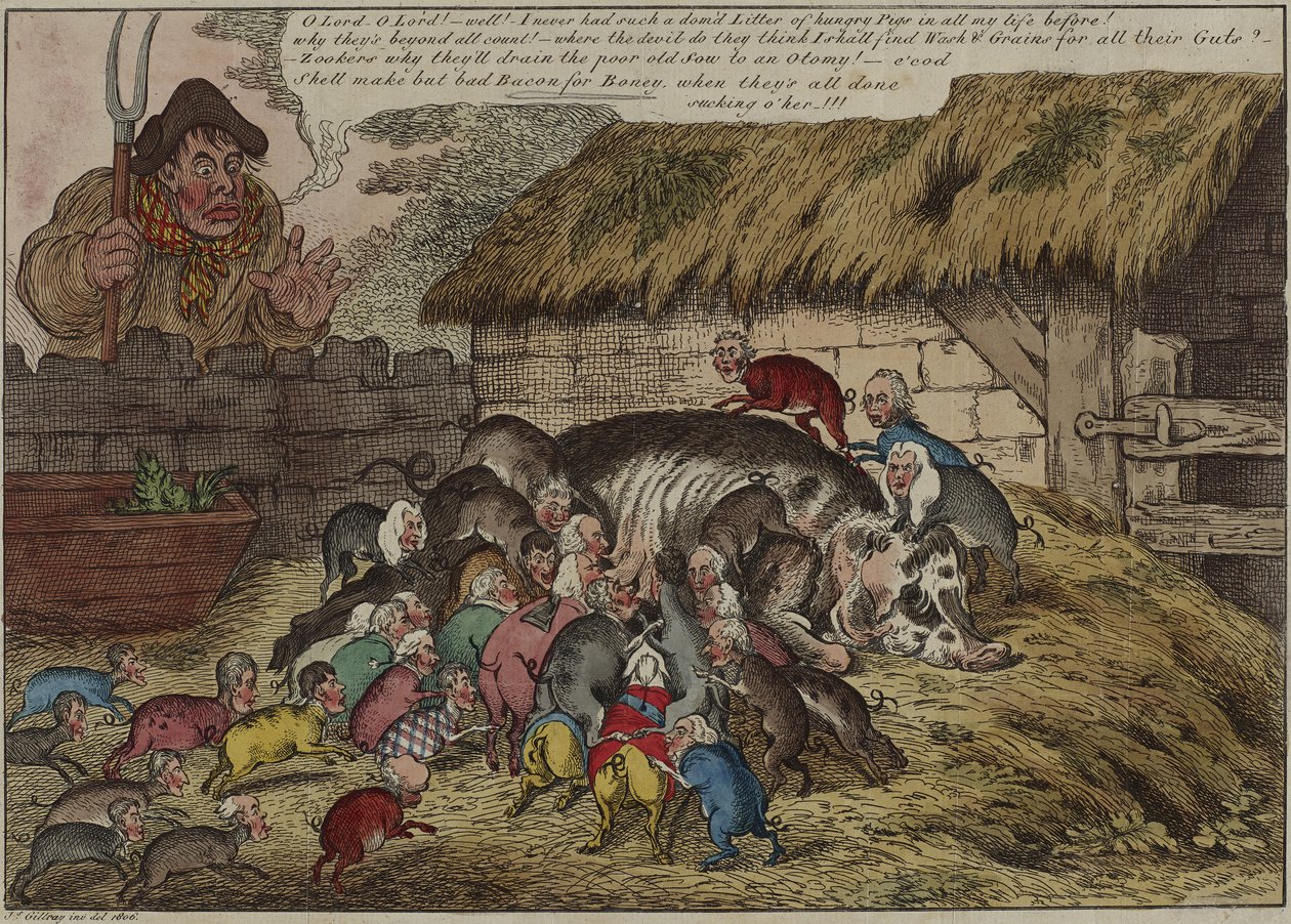 Więcej świń niż smoczków, czyli nowy miot głodnych trepek, wysysających na śmierć starą maciorkę Johna Bulla, 9 maja autorstwa James Gillray