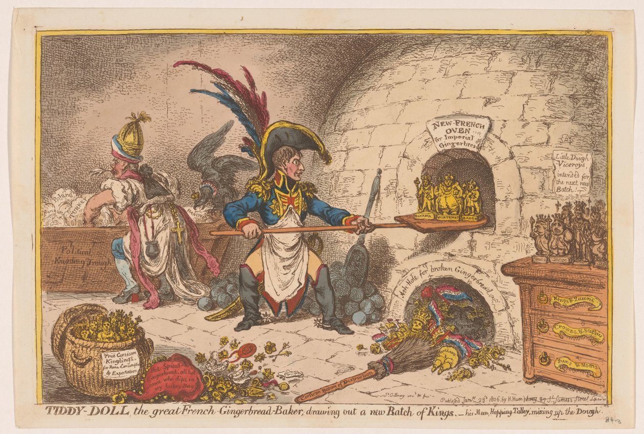 Napoleon piecze nową porcję królów, 1806 Tiddy-Doll, wielki francuski-piekarz piernikowy; rysowanie nowej Partii Królów (tytuł na obiekcie) autorstwa James Gillray