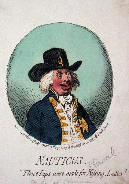 Nauticus lub „Te usta zostały stworzone do całowania dam” wydane przez Hannah Humphrey w 1791 r. (akwaforta ręcznie kolorowana) autorstwa James Gillray