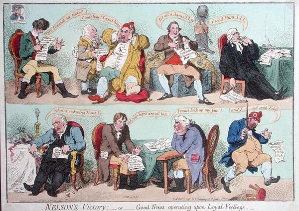 Zwycięstwo Nelsona, czyli dobra wiadomość działająca na podstawie Loyal Feelings, opublikowana przez Hannah Humphrey w 1798 r. (akwaforta ręcznie kolorowana) autorstwa James Gillray