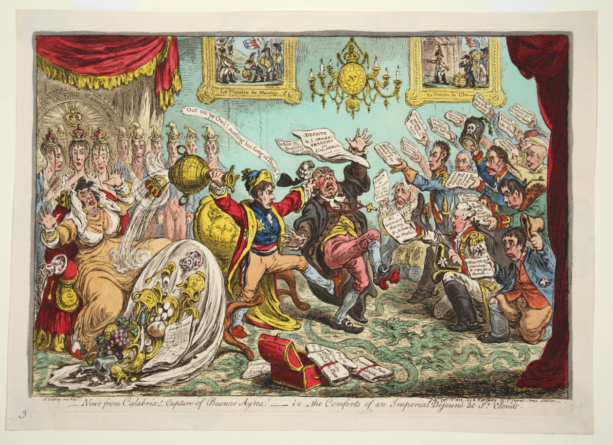 Nowości z Kalabrii! Zdobycie Buenos Ayres! - tj. Comforts of the Imperial Dejeune w St Clouds, wyd. 1806 (ręcznie kolorowe grawerowanie) autorstwa James Gillray