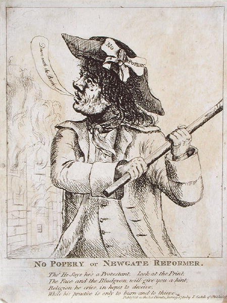 Bez Popery lub Newgate Reformer: prawdopodobnie Ned Dennis noszący przysługę „No Popery” w kapeluszu, a za nim Newgate Prison autorstwa James Gillray