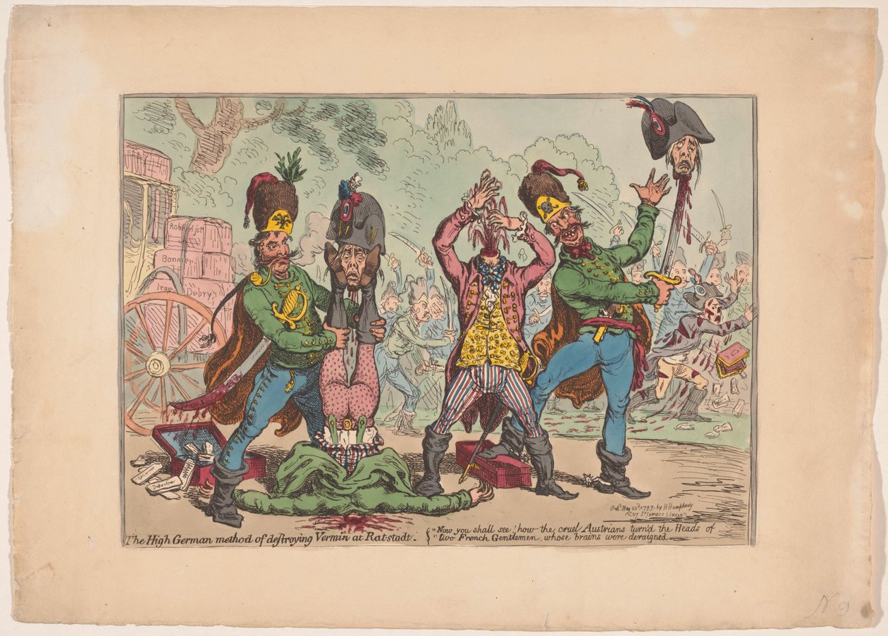 Austriackie traktowanie posłów francuskich, 1799 Niemiecka metoda niszczenia szkodników w Rat-stadt (tytuł na obiekcie) autorstwa James Gillray