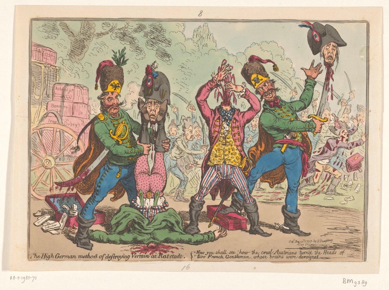 Austriackie traktowanie posłów francuskich, 1799 Niemiecka metoda niszczenia szkodników w Rat-stadt (tytuł na obiekcie) autorstwa James Gillray