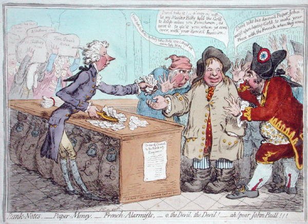 Otwarcie budżetu, czyli John Bull oddający bryczesy, by uratować swój Bacon, opublikowany przez Hannah Humphrey w 1796 r. (akwaforta ręcznie kolorowana) autorstwa James Gillray