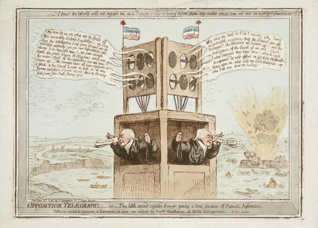 Telegrafy opozycyjne, czyli prawnik małowidzący dający prawdziwy wzór informacji patriotycznych, 21 czerwca 1798 autorstwa James Gillray