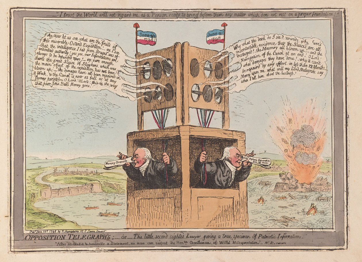 Telegrafy opozycyjne, czyli mały dwuwzroczny prawnik podający prawdziwy egzemplarz Informacji Patriotycznej, wyd. 1798 (ręcznie kolorowane grawerowanie) autorstwa James Gillray