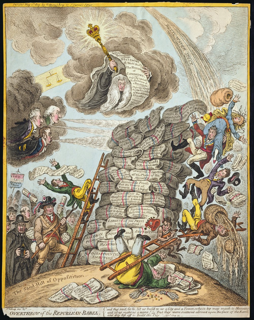 Obalenie republikańskiego Babelu, opublikowane przez Hannah Humphrey w 1809 roku (akwaforta ręcznie kolorowana) autorstwa James Gillray