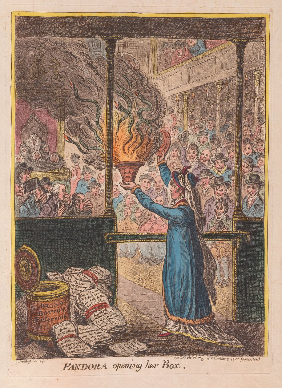 Pandora otwiera pudło, wyd. 1809 (grawerowanie ręcznie kolorowane) autorstwa James Gillray