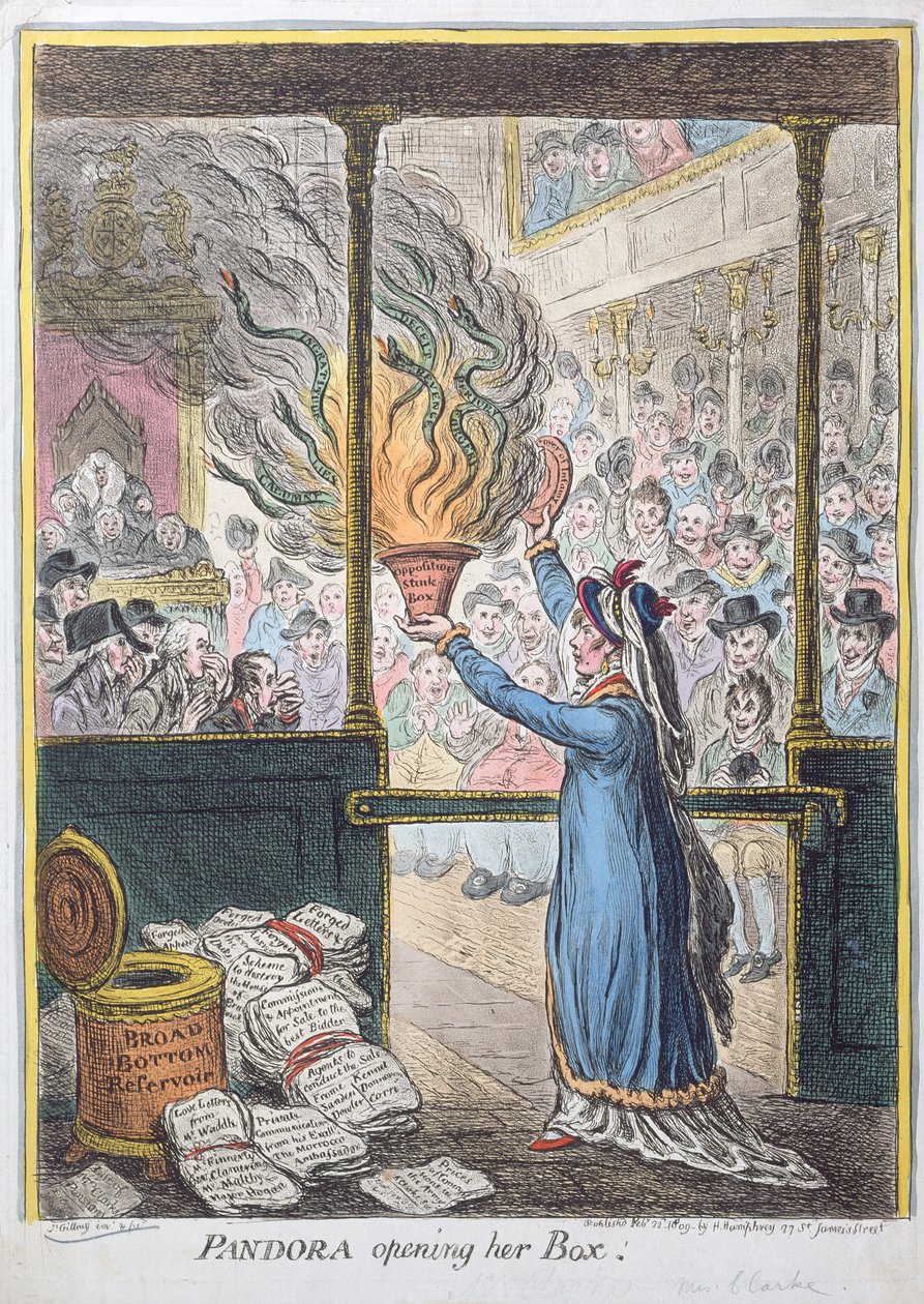 Pandora Opening her Box, opublikowana przez Hannah Humphrey, 1809 (akwaforta ręcznie kolorowana) autorstwa James Gillray